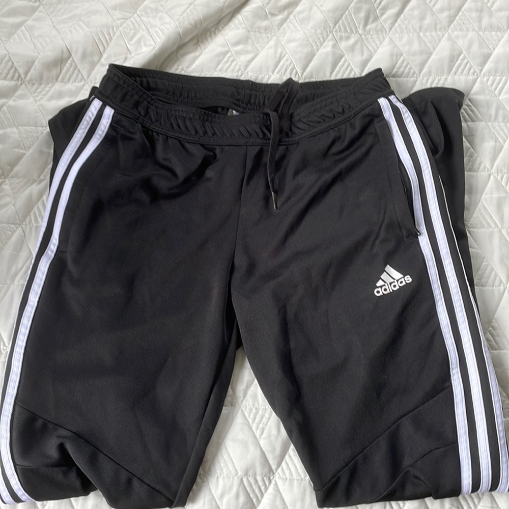 Adidas long striped pants with zippers on the bottom